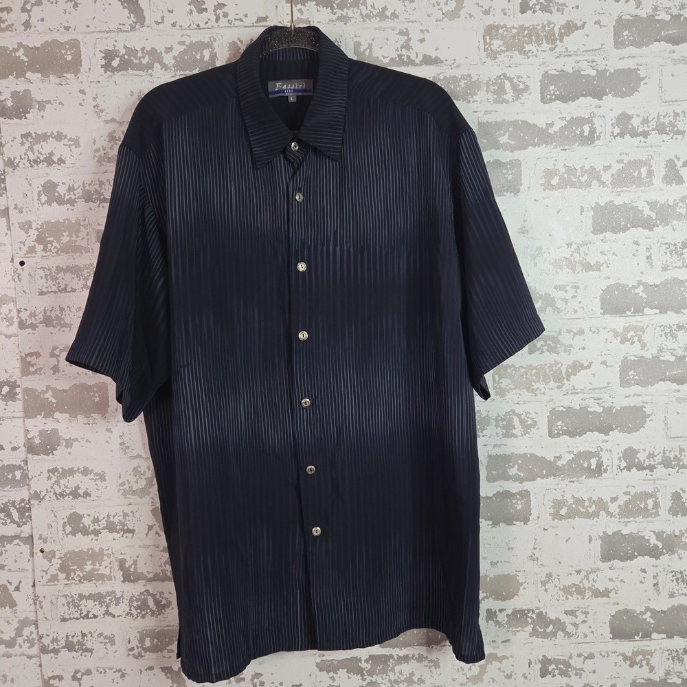 Bassiri Uomo Button Down Men Large Navy Blue Pleated Microfiber Textured Shirt